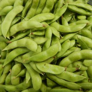 A closeup photograph of edamame