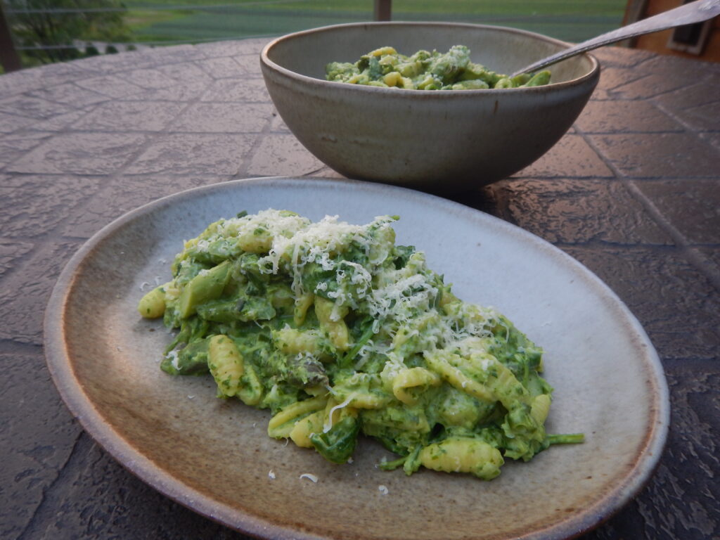 Pasta with Asparagus & Avocado-Pea Vine Cream Sauce
